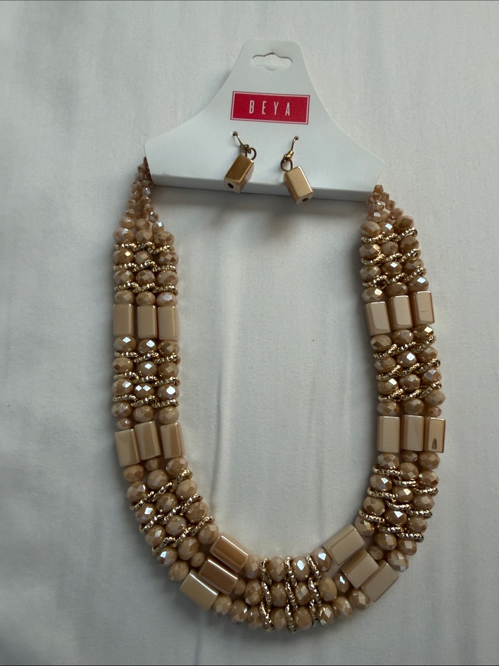 Beige Multi-Strand Beaded Necklace with Matching Earrings